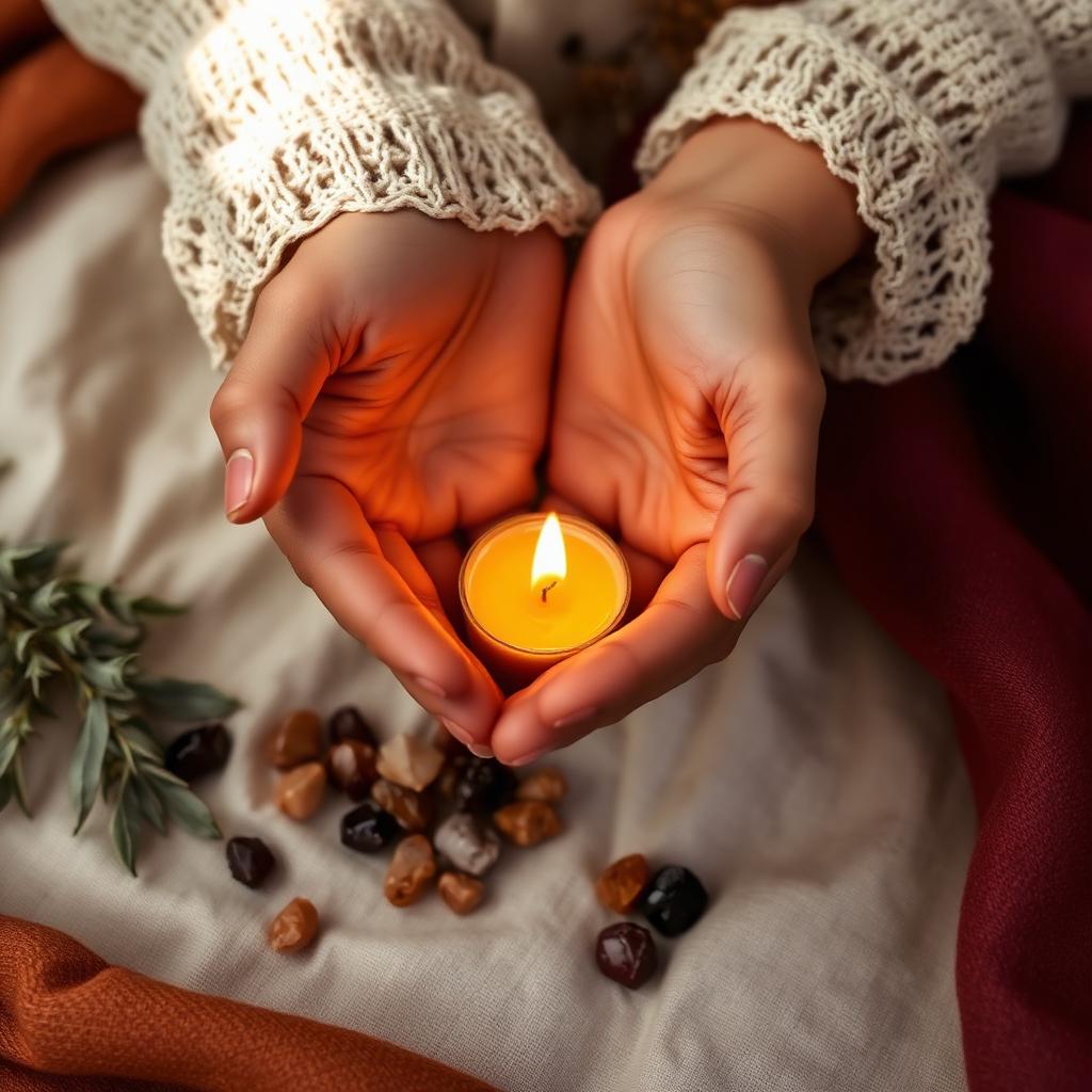 Hands holding a lit candle surrounded by small crystals