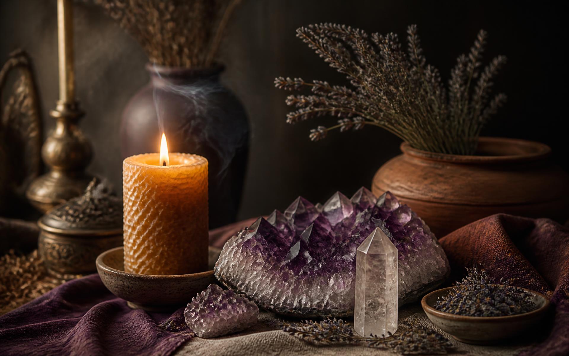 Amethyst crystals beside a lit candle and dried lavender