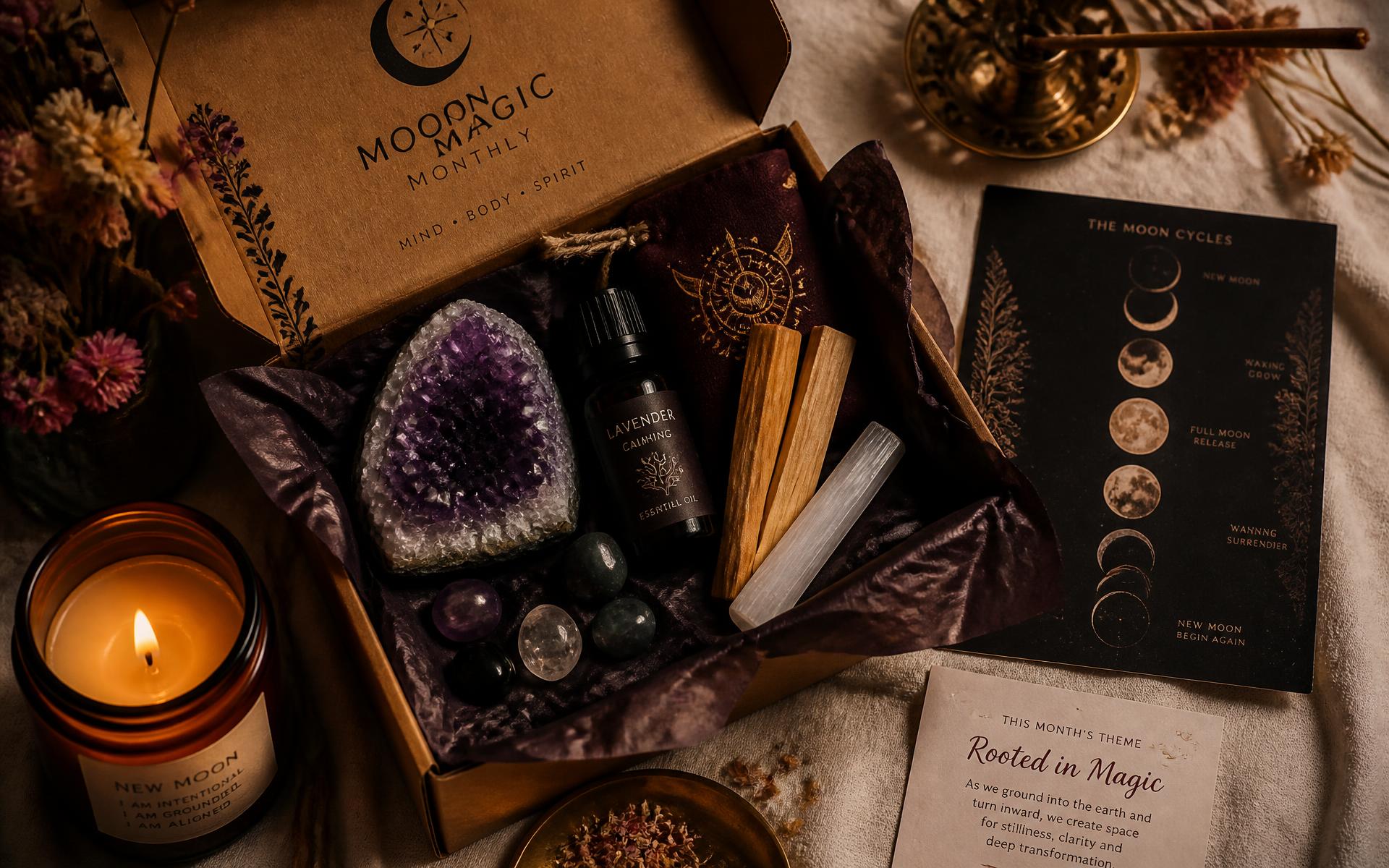 An opened Moon Box with an amethyst cluster, tumbled stones, aromatherapy oil, palo santo and a moon-phase card by candlelight